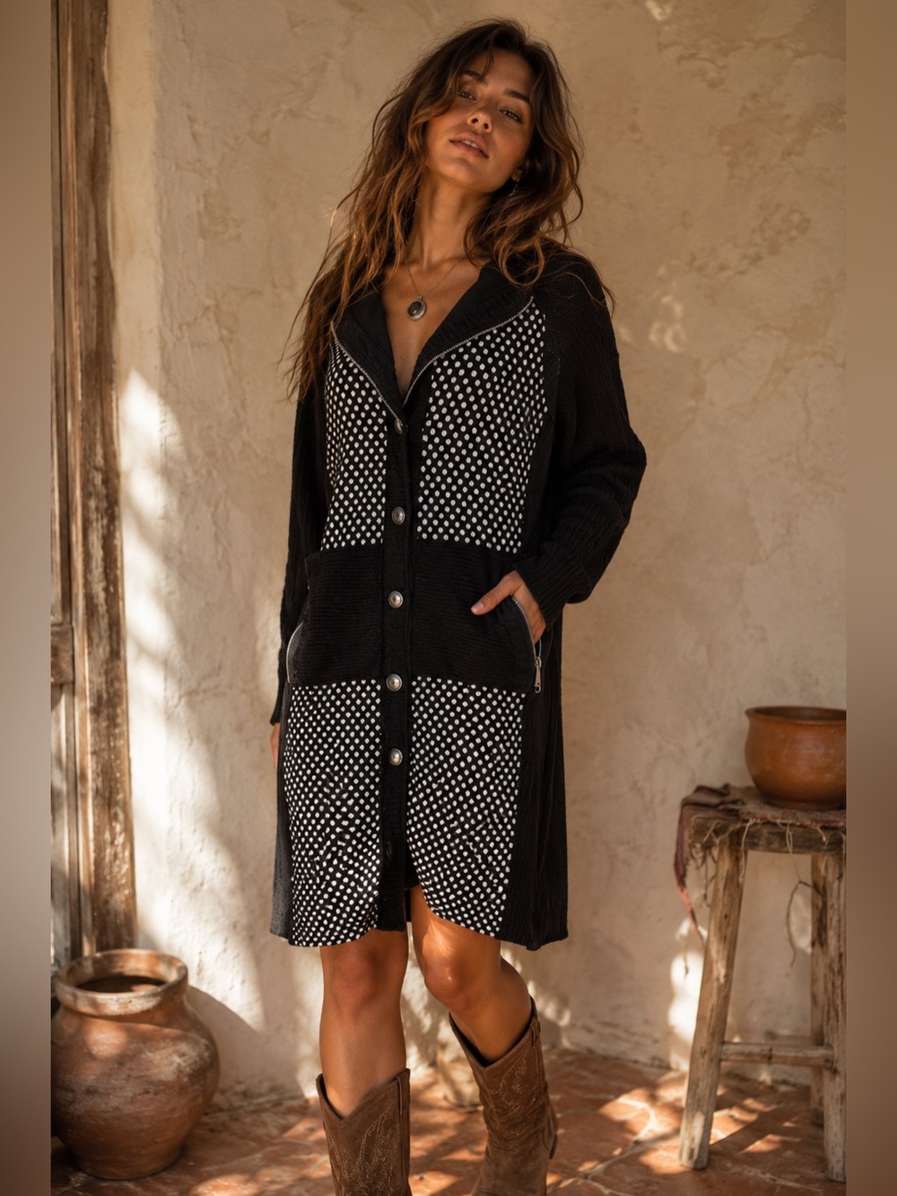 Stylish Black and White Women's Polka dot Patchwork Art to Wear Steampunk Jacket